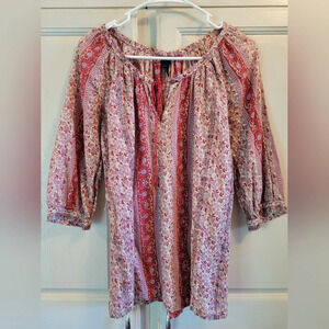 Lucky Brand Red Pink Boho Flowy Peasant Top Blouse